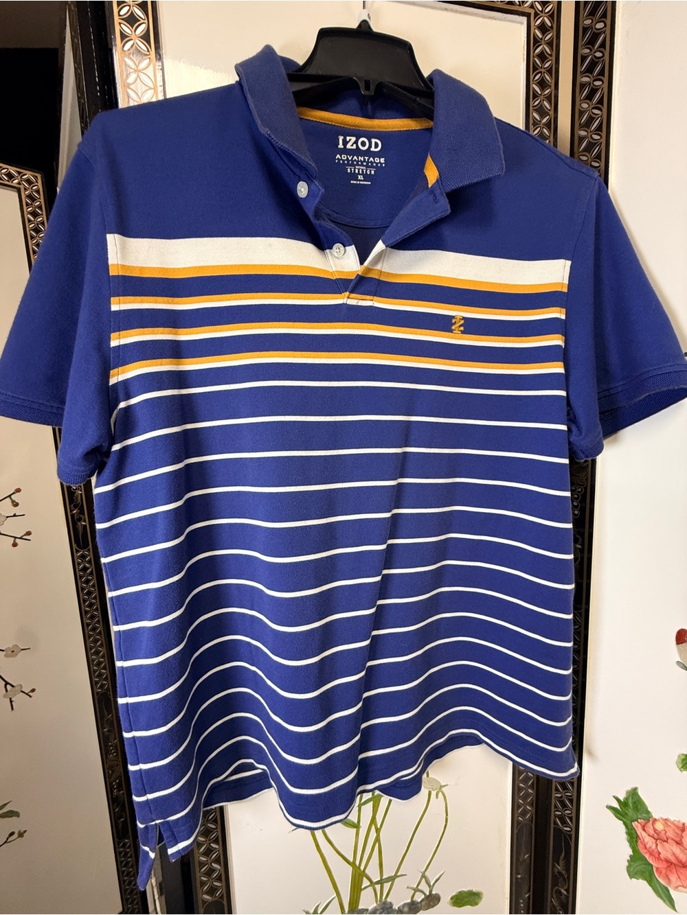 IZOD Men's Blue Striped Polo Shirt with Yellow Accents rugby style